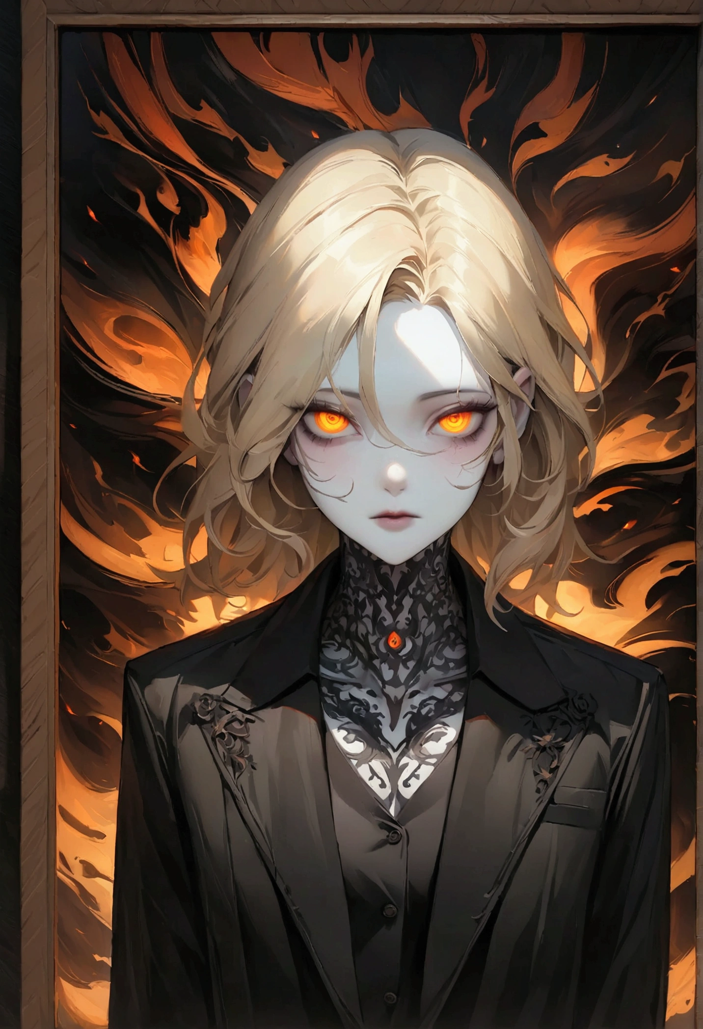 Pale skin and thin face. Romanian ethnicity with messy blonde hair and stubble on chin. Wearing a black suit and black shirt, with intense almond shaped eyes burning. A sense of power and authority. A robust appearance. Young man. layered eyes, "Lean Physics" ,"conceptual artwork," , "high détail", "high resolution", "ominous aura,", "8K resolution", "oil painting", "darker tone" , "low saturation" ,"dark feeling", "conceptual artwork" , "detailed features" , "detailedeyes" (work of art), highest quallity, "expressive eyes", "tattooed neck" ,"highest quallity", (work of art),
