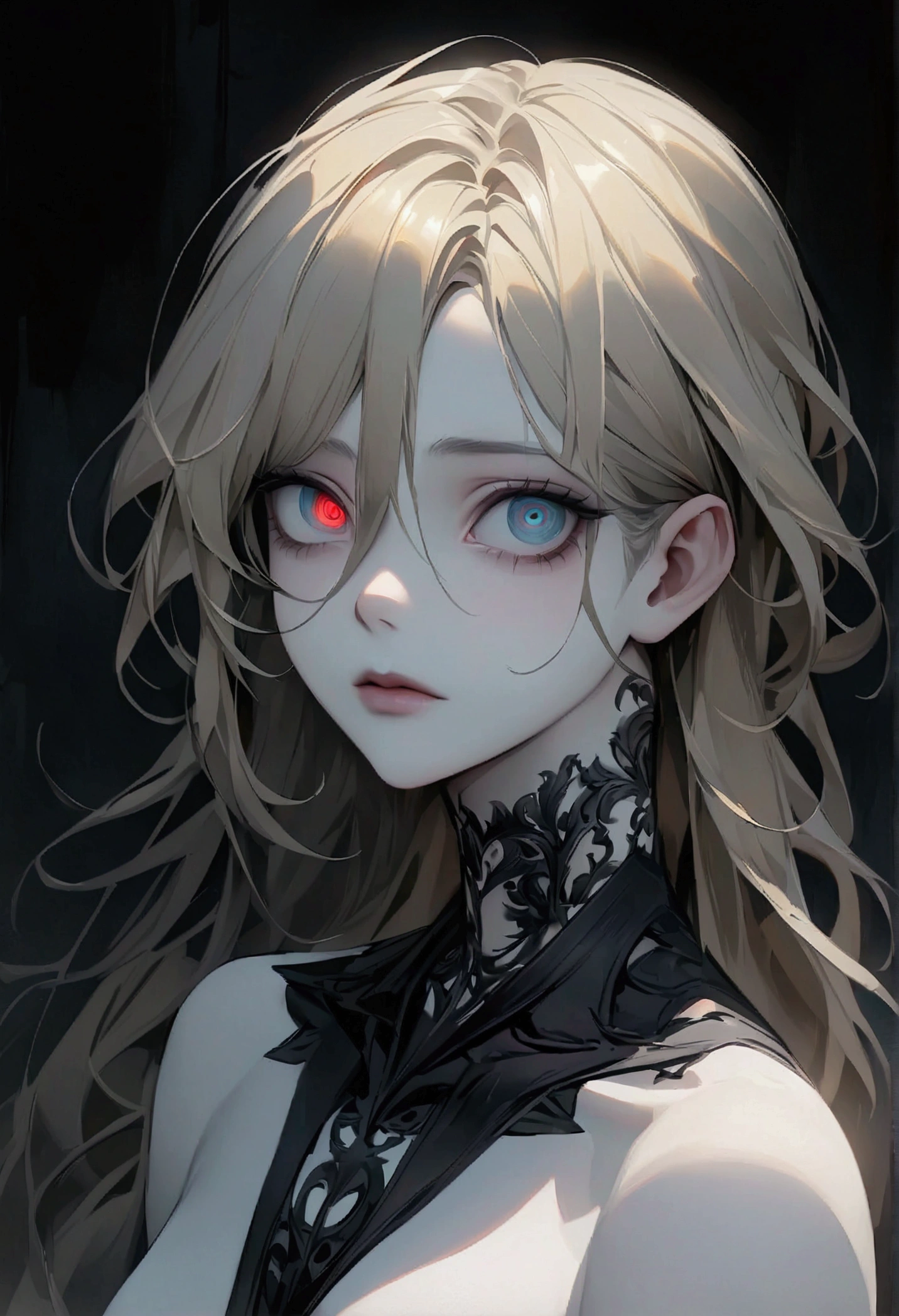Pale skin and thin face. Romanian ethnicity with messy blonde hair and stubble on chin. Wearing a black suit and black shirt, with intense almond shaped eyes burning. A sense of power and authority. A robust appearance. Young man. layered eyes, "Lean Physics" ,"conceptual artwork," , "high détail", "high resolution", "ominous aura,", "8K resolution", "oil painting", "darker tone" , "low saturation" ,"dark feeling", "conceptual artwork" , "detailed features" , "detailedeyes" (work of art), highest quallity, "expressive eyes", "tattooed neck" ,"highest quallity", (work of art),