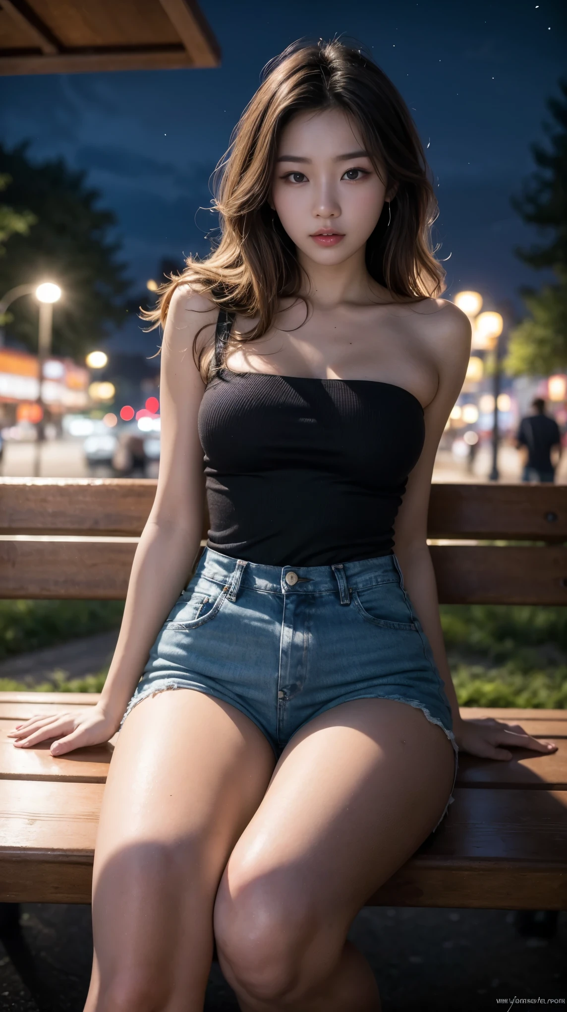 Young and attractive sexy Korean woman, 1, , (panties,small tight jeans shorts:1.2), big bust, light brown hair, long wavy hair, earring, (Sit on a bench in a public street at night), (From head to skirt) ,8k, RAW photos, best quality, masterpiece,best quality, Tube top, sexy look