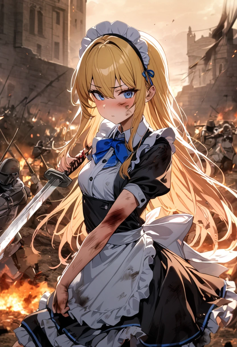 (8k, super high quality, masterpiece), (detailed), One Woman, Small breasts, Blonde, cute, Slightly longer length, Blue ribbon, Apron dress, Maid clothes, Slash with a two-handed sword, Western design sword, Perfect Stance, Burning Battlefield, Castle Defense, My whole body is dirty., Torn clothing, A strong enemy in front of me, Deadly Combat, Intense Combat, Quite dirty, Scorched, injury, Blood