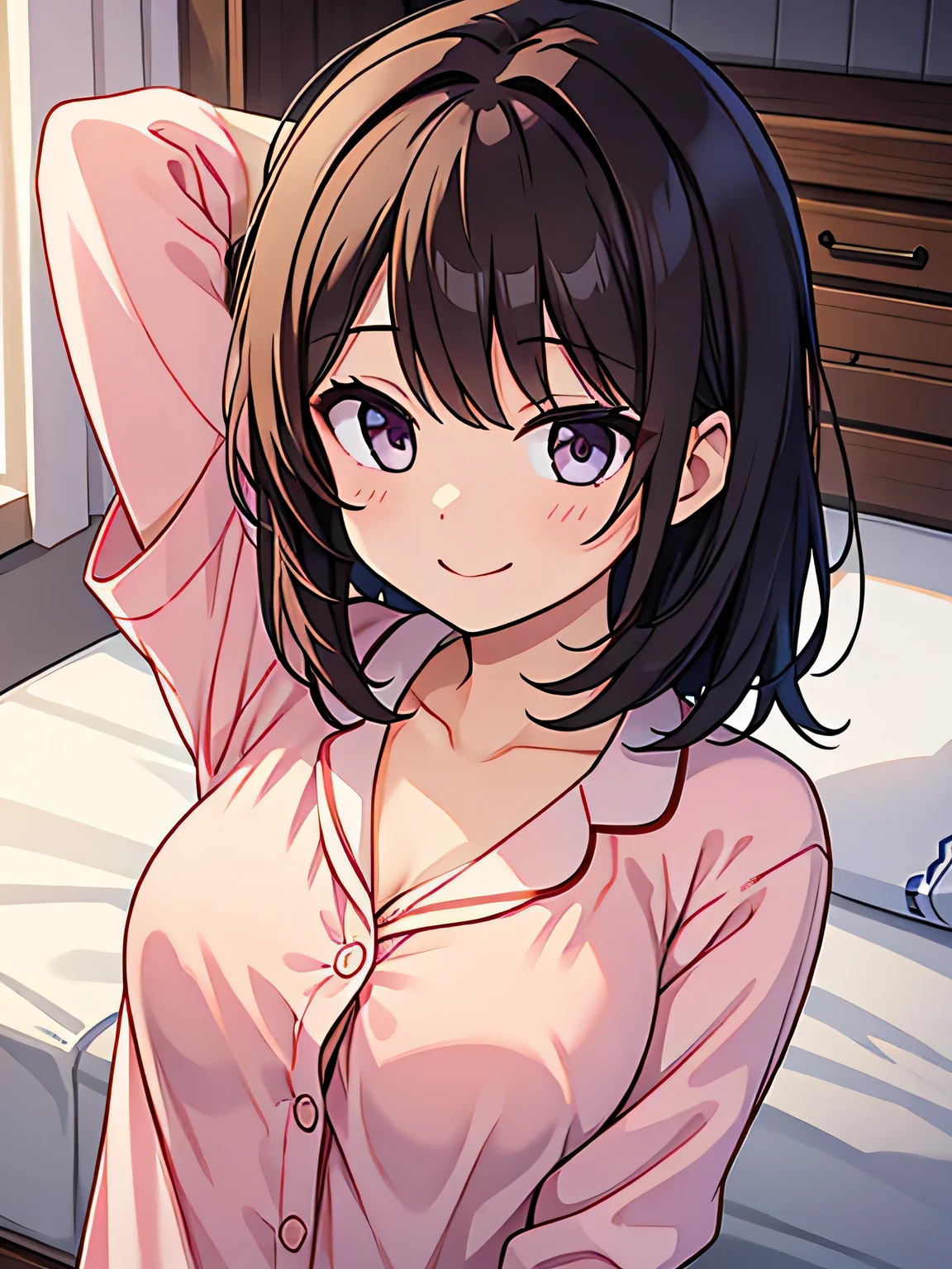 woman、Medium Hair、pajamas、Upper Body。G Cup、smile、Arms down