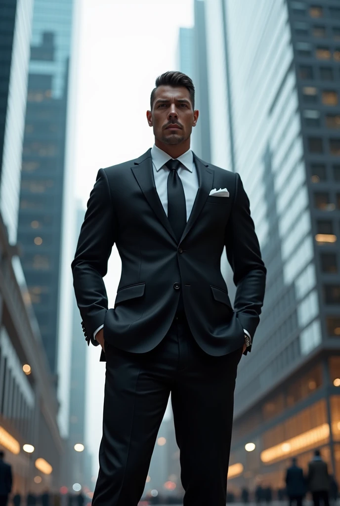 Muscular  black suit with attractive face shape and eyes and hairstyle and a great muscular Jawline great buildings behind him and he was a multi richect person in the world