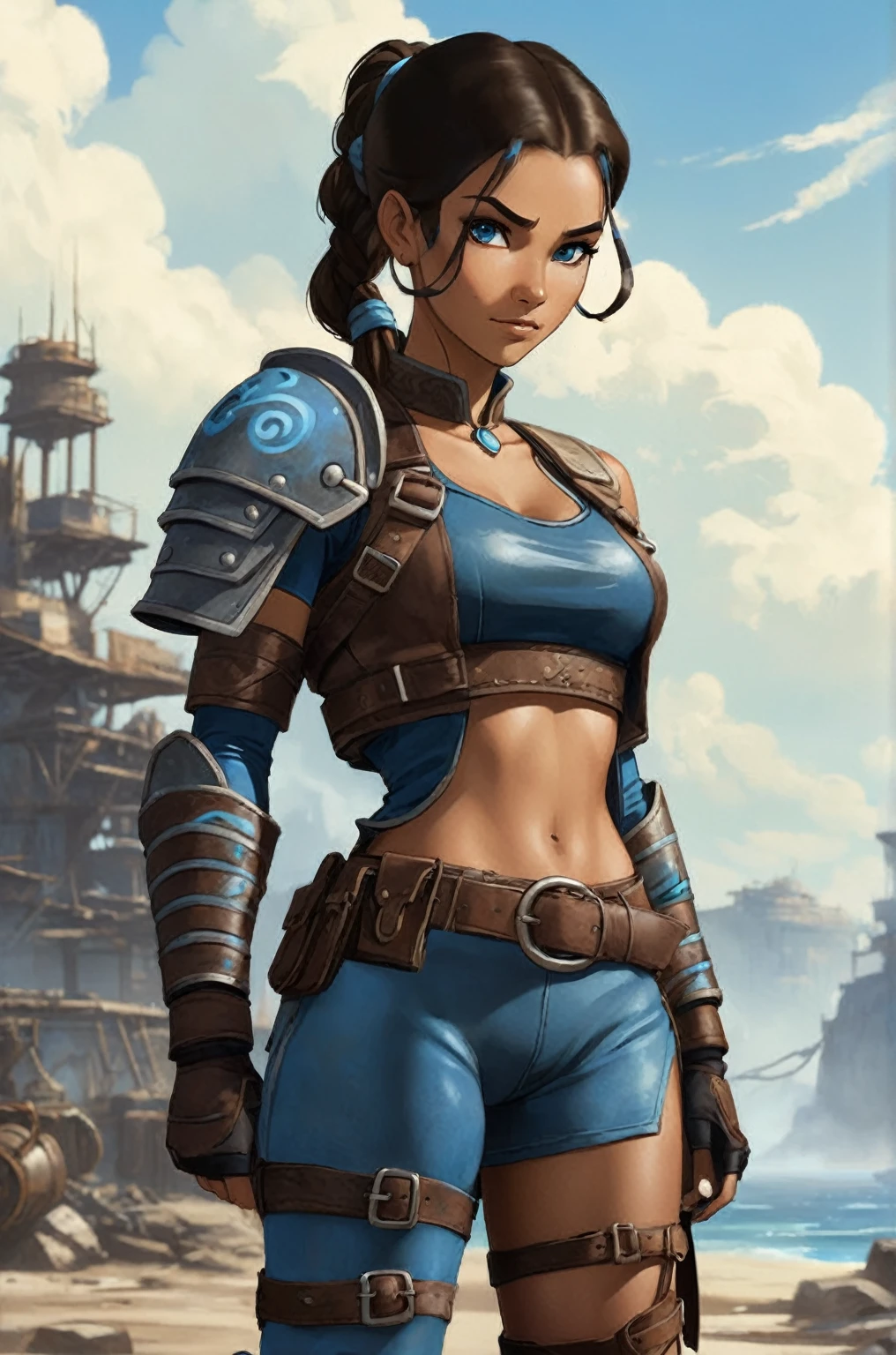 Katara from Avatar: the last Airbender, Fallout 4, Wasteland, Female, water, Slim, Toned arms, Tanned skin, Long brown hair tied in a loose ponytail, Blue eyes, Athletic legs, Small breasts, Beautiful, Youthful, Tribal, Rugged Brahmin leather armor, blue tube top, Worn-out boots, Blue Leather gloves, Utility belt with pouches, Blue leather miniskirt, no bra, White cotton panties, derelict stranded Ship, 1950s, Apocalyptic, Beautiful Lighting, Artstation, Diesel punk, in the style of Guweiz, in the style of Jules Chéret, character art