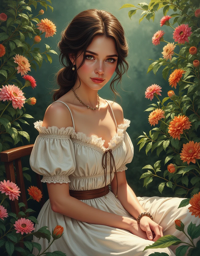 A Portrait of a 24 yo Beautiful Woman [Elizabeth II:Maude Adams:0.45 donning Victorial Casual Dress, she is in her backyard garden with lush vibrant flowers, insanely detailed and intricate garden background, A Don Lawrence hyper realistic color comic Illustration