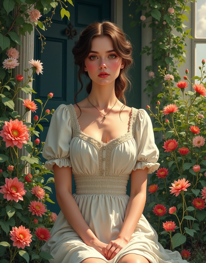 A Portrait of a 24 yo Beautiful Woman [Elizabeth II:Maude Adams:0.45 donning Victorial Casual Dress, she is in her backyard garden with lush vibrant flowers, insanely detailed and intricate garden background, A Don Lawrence hyper realistic color comic Illustration