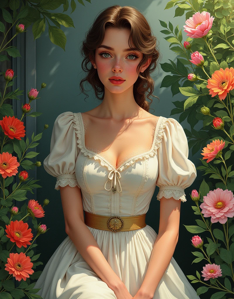 A Portrait of a 24 yo Beautiful Woman [Elizabeth II:Maude Adams:0.45 donning Victorial Casual Dress, she is in her backyard garden with lush vibrant flowers, insanely detailed and intricate garden background, A Don Lawrence hyper realistic color comic Illustration