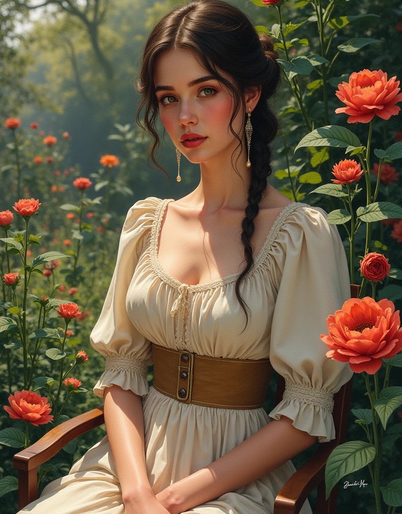 A Portrait of a 24 yo Beautiful Woman [Elizabeth II:Maude Adams:0.45 donning Victorial Casual Dress, she is in her backyard garden with lush vibrant flowers, insanely detailed and intricate garden background, A Don Lawrence hyper realistic color comic Illustration