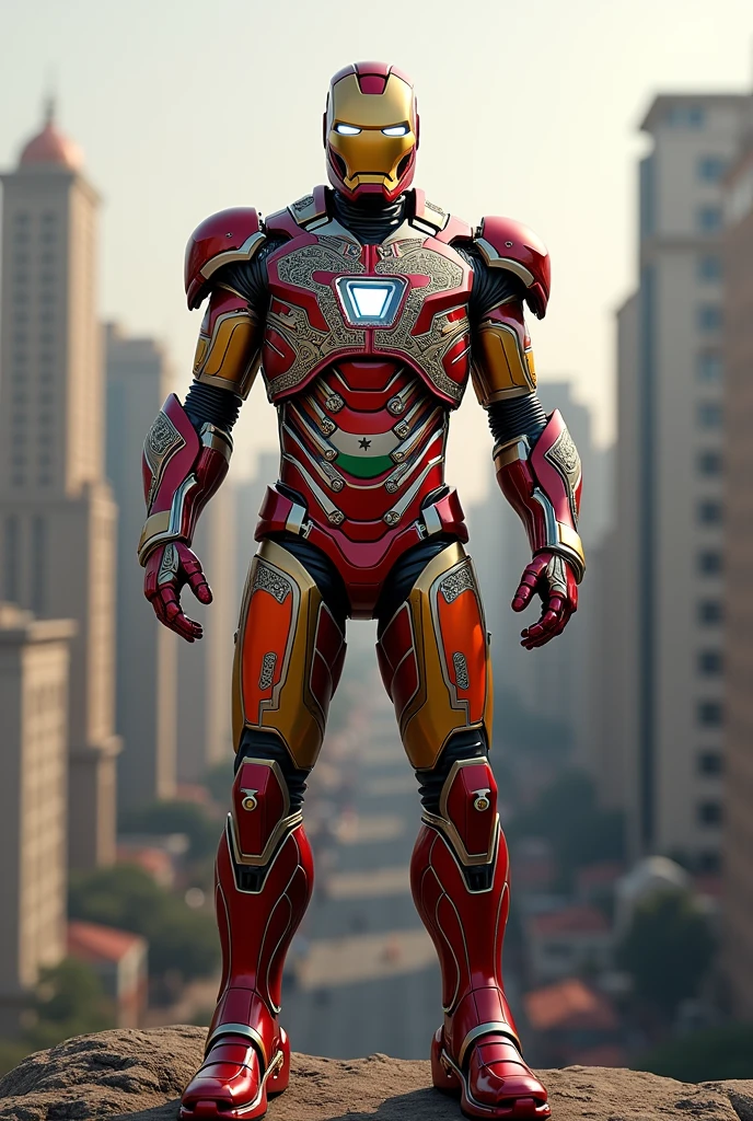 Iron man from India. Mumbai in background and Indian flag on chest .