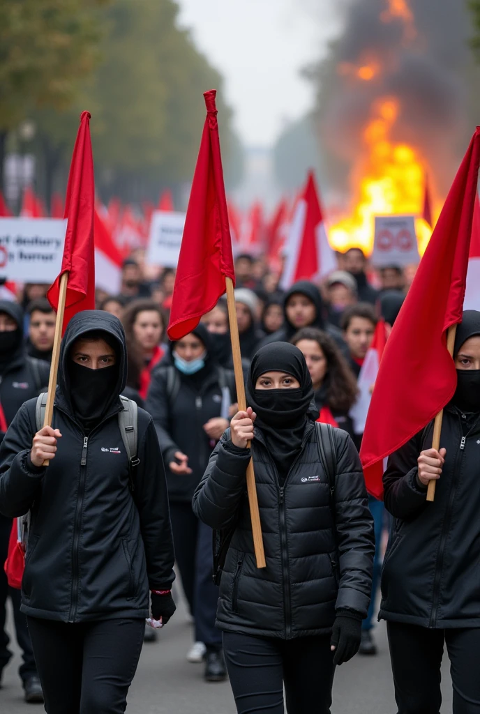 Photo of students and the public carrying out a large demonstration wearing face coverings"while burning the car wheels . The demonstrators carried red and white flags and some carried signs that read "don't destroy my horror"