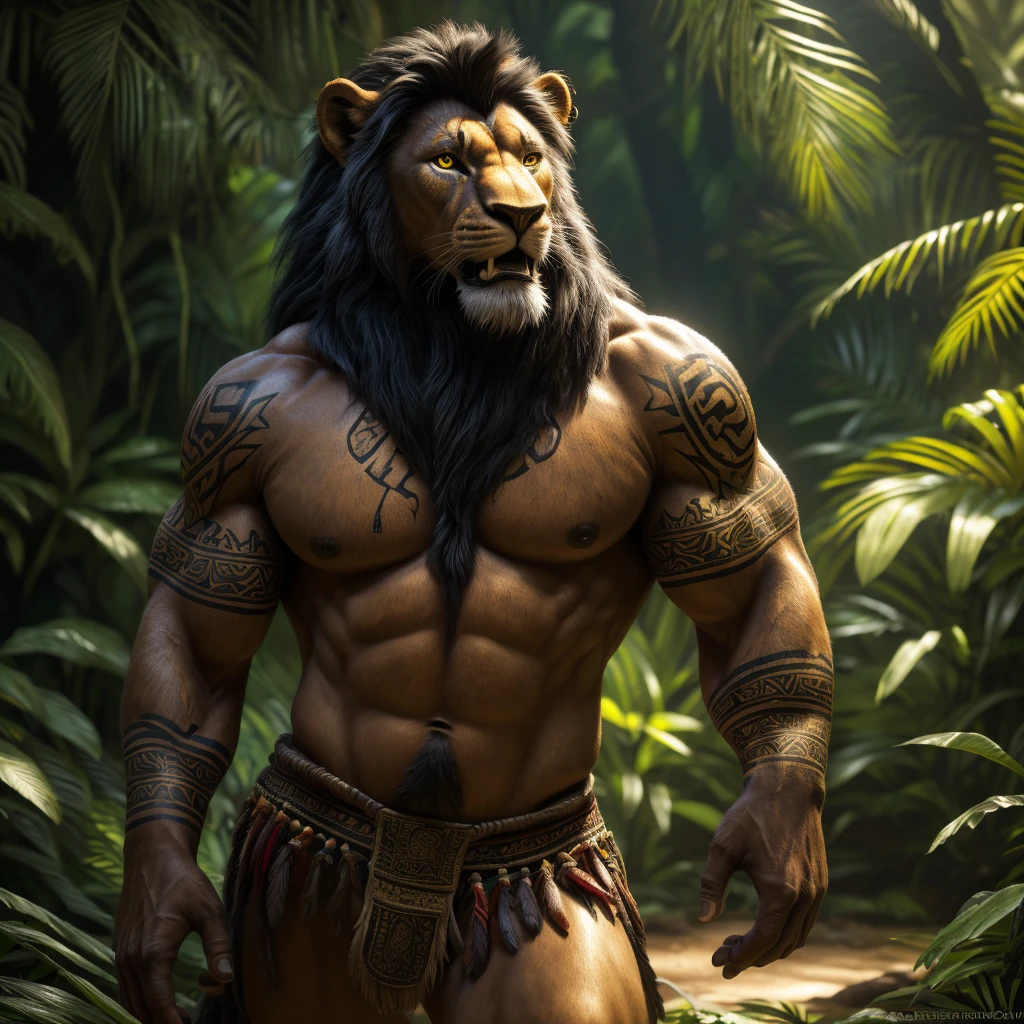 a lone lion warrior in a jungle tribe, with no shirt, bulging muscles, extending his hand with a joyful expression, detailed black mane, piercing golden eyes, (best quality,4k,8k,highres,masterpiece:1.2),ultra-detailed,(realistic,photorealistic,photo-realistic:1.37),intricate tribal tattoos,dramatic lighting,lush greenery background