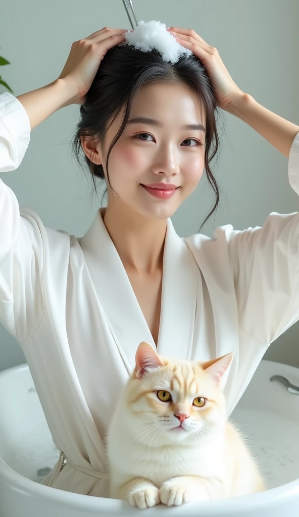 Create an Asian beauty，Standing on the ground，Hair in a bun，Beautiful beautiful big eyes，Regular facial features，Wearing a white satin bathrobe，Scratch your scalp with both hands，Two hands washing hair on top of head，There is a lot of real white foam and water on the hair，Foam wrap head，Real bubbles，Open your eyes，The expression is happy，The characters are realistic and realistic，There is a big cute fat cat next to it，Coffee cat sticks out tongue, very cute，Pure white high-end bathroom background，Character front position，9:16 frames，Ultra-high-definition picture quality
