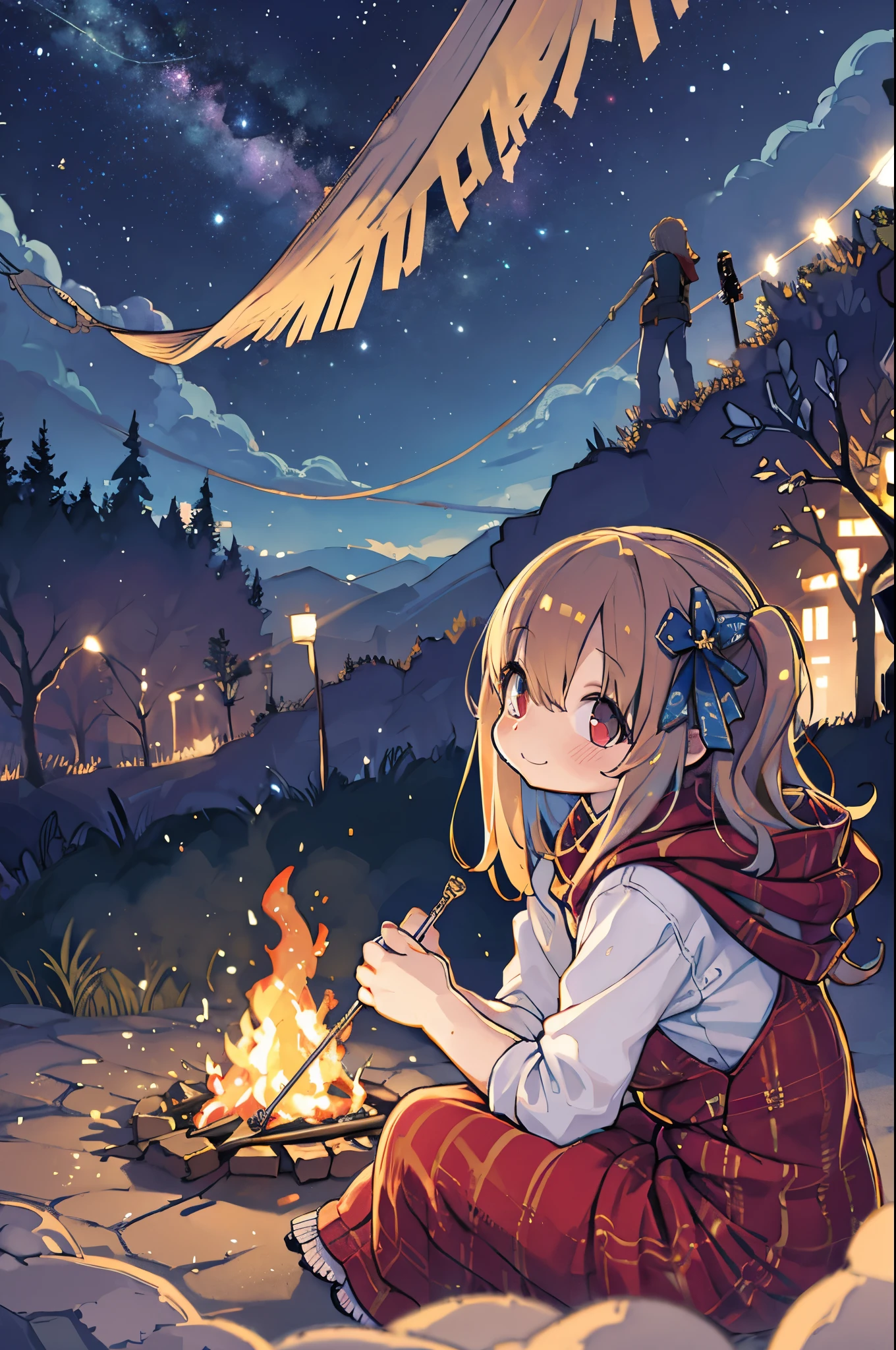 Tabletop, Highest quality, 1 person, alone, effect, Dark Background, With a happy face,Little、camp、Before the bonfire、Under the stars