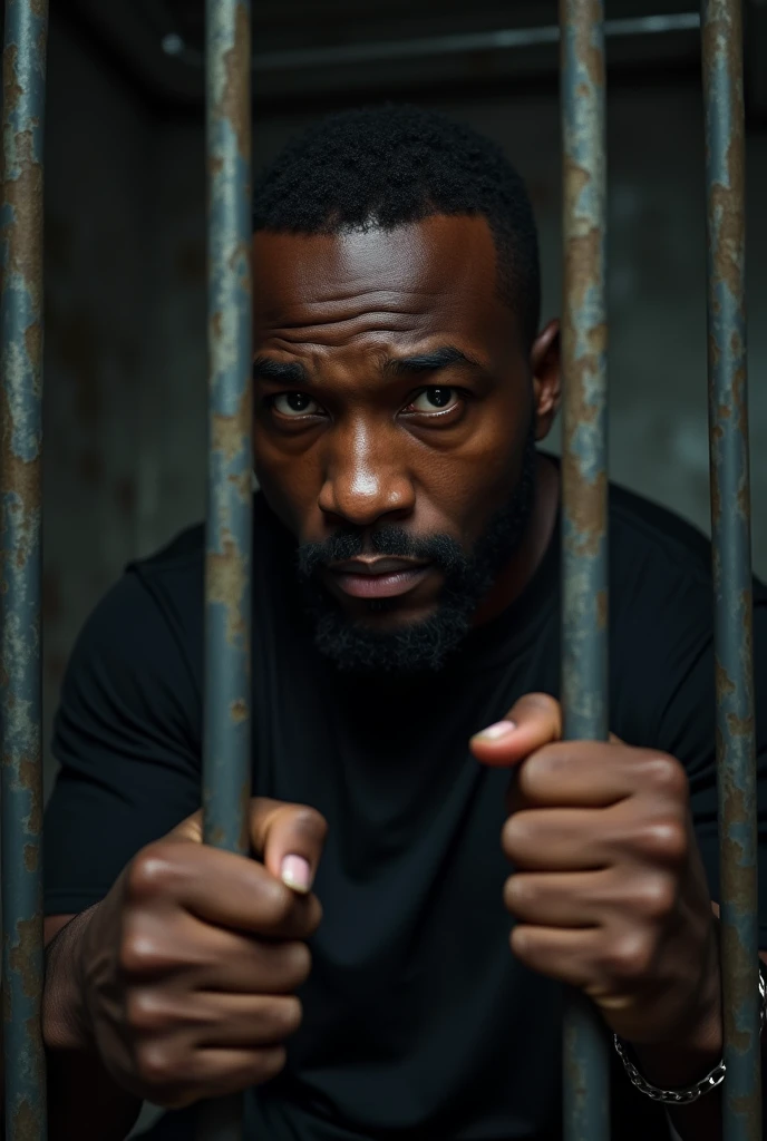 Black man in prision holding jail cell bar while smiling


