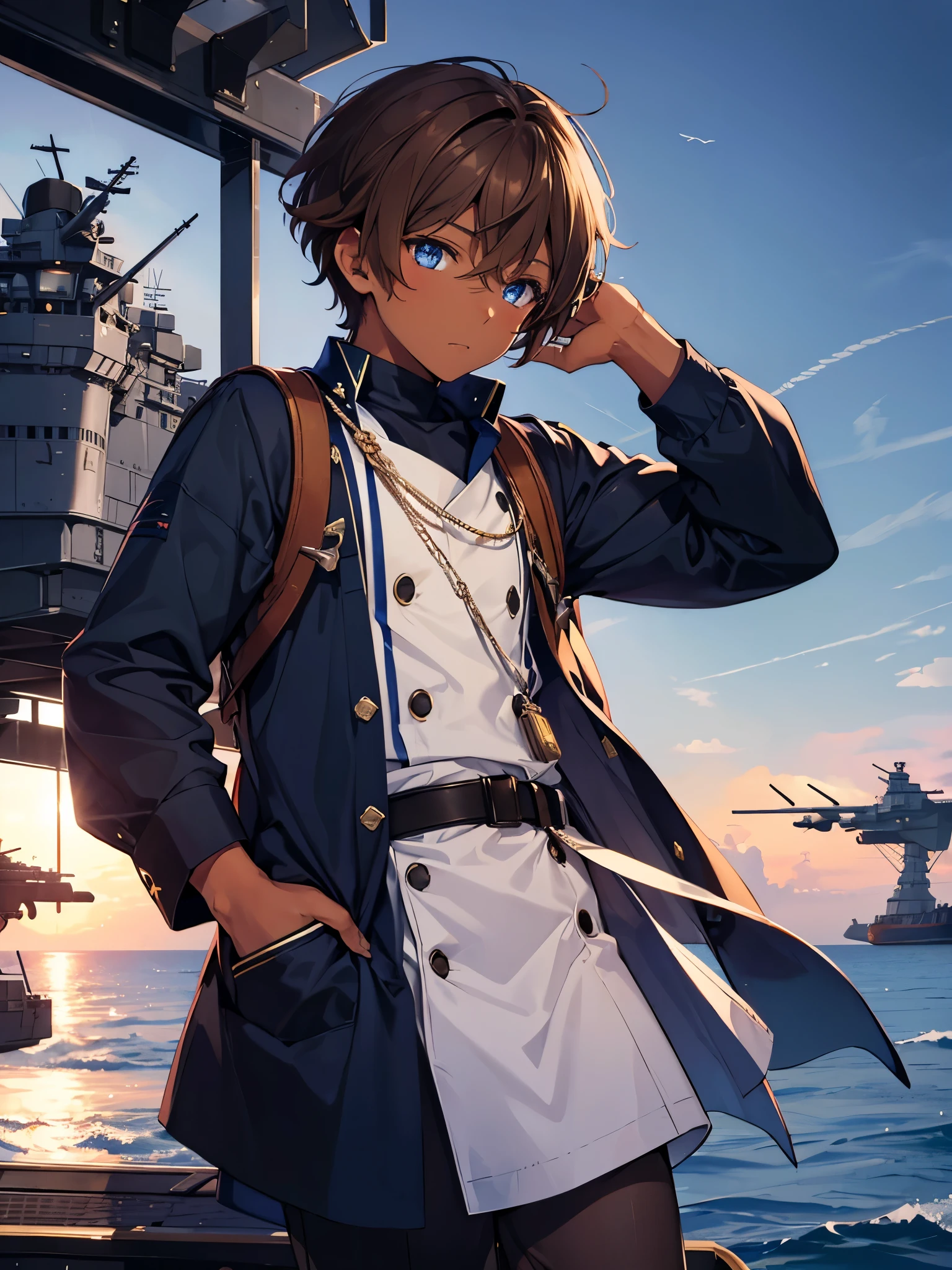 1boy, ((brown hair)), beautiful boy, ((blue eyes)), idol costume, short hair, ((navy)), ((aircraft carrier)), (dark skin)