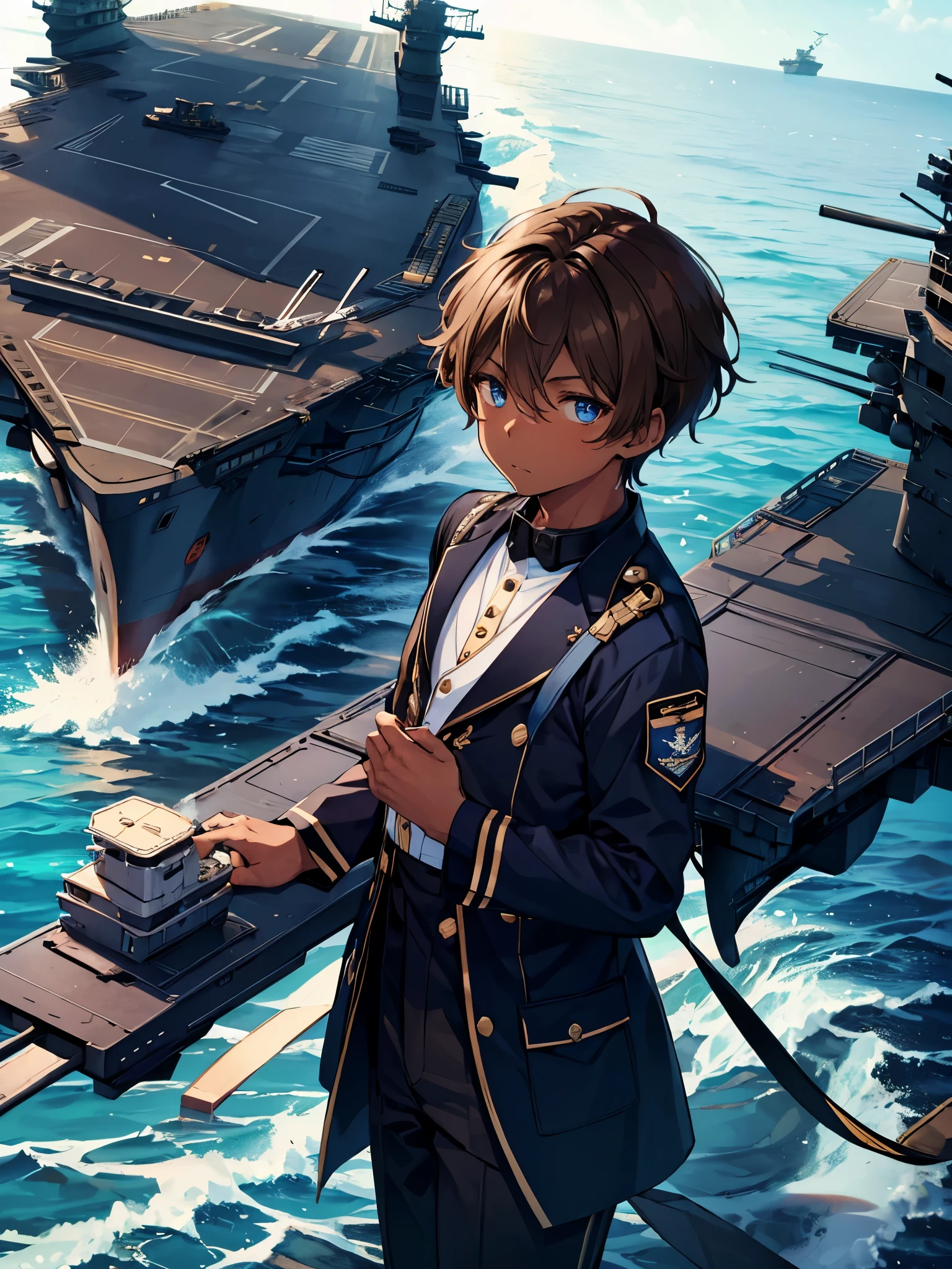 1boy, ((brown hair)), beautiful boy, ((blue eyes)), idol costume, short hair, ((navy)), ((aircraft carrier)), (dark skin)
