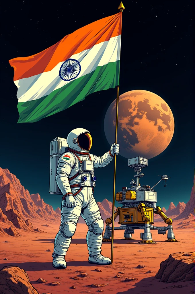Can u generate 4 images of an Indian astronaut  holding and indian flag next to chandrayaan 3 and mars behind in the background in comic style