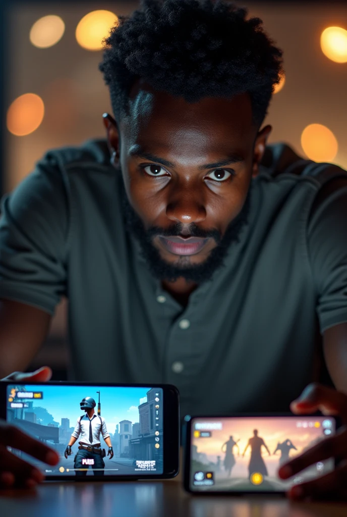 A black 30 years old Ethiopian playing in diffrent 4 mobile. In the first mobile pubg . Second mobile free fire . Third call of duty mobile . In the forth fortinite . On the table