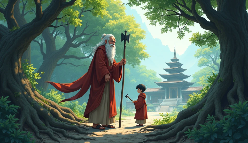 Old monk master holding axe, monk student watching, roots beneath the ground, surrounded by temples, beautiful trees, in anime style, beautiful scenario,