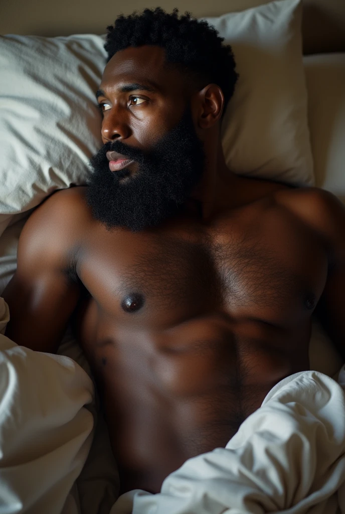 [Core Concept] An intimate and sensual portrait of a black man, muscular and bearded man in a moment of relaxation and exposure.

[character description] The man is robust and vigorous, with an imposing and masculine appearance. His skin is dark and his facial features are strong., with a thick beard that frames his face.

[enviroment/fund] He's lying in bed, num enviroment privado e acolhedor, with soft sheets and blankets that contrast with its dominant figure.

[Style and Atmosphere] The scene conveys a sense of intimacy and vulnerability, with a subtle sensuality and an air of comfort and relaxation.

[Composition] The framing focuses on the man&#39;the torso and genital region, criando uma Composition íntima e reveladora.

[Details and embellishments] Details such as skin texture, the defined muscles and the prominence of his sexual organ accentuate the erotic nature of the image.

[Technical specifications] The image is a high contrast photographic portrait, with soft lighting and a natural color palette that enhances the model&#39;your beauty and masculine strength.