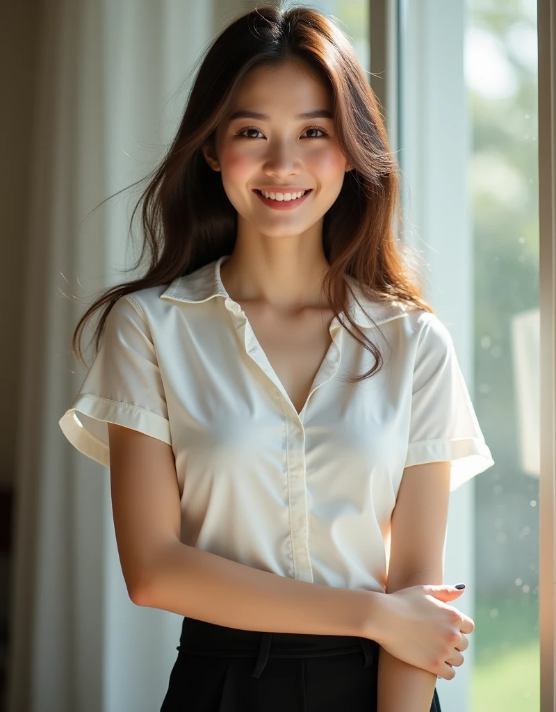 Thai girl beautiful she amile she has Hair style long brown twinkle in her eyes wearing a white short-sleeved shirt, a black short skirt, standing and posing in studio Natural Lighthigh resolution Realistic image
