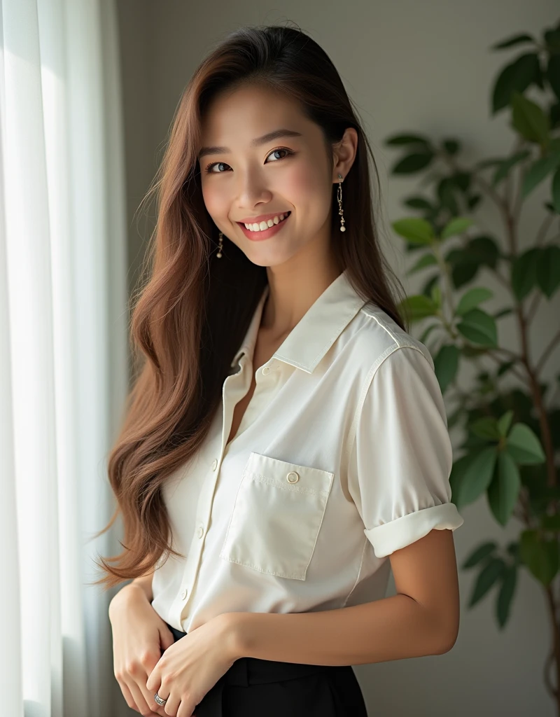 Thai girl beautiful she amile she has Hair style long brown twinkle in her eyes wearing a white short-sleeved shirt, a black short skirt, standing and posing in studio Natural Lighthigh resolution Realistic image