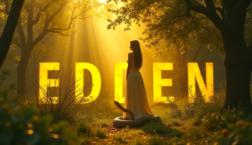 Create an impactful YouTube cover with a background in harmonious colors highlighting yellow. highlight the phrase "Like You've Never Seen It!" in large, eye-catching letters. Highlight the figure of a woman, capturing her essence, with the Garden of Eden in the background. Include a snake in the scene, positioned to look directly at Eve, adding an element of tension and mystery. The design should attract attention and reflect the importance of the topic.