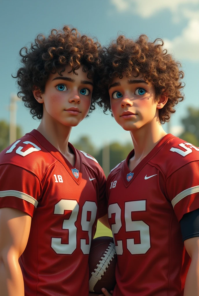 Male twins, with curly hair and blue eyes, one plays American football and the other volleyball, realistic picture gay