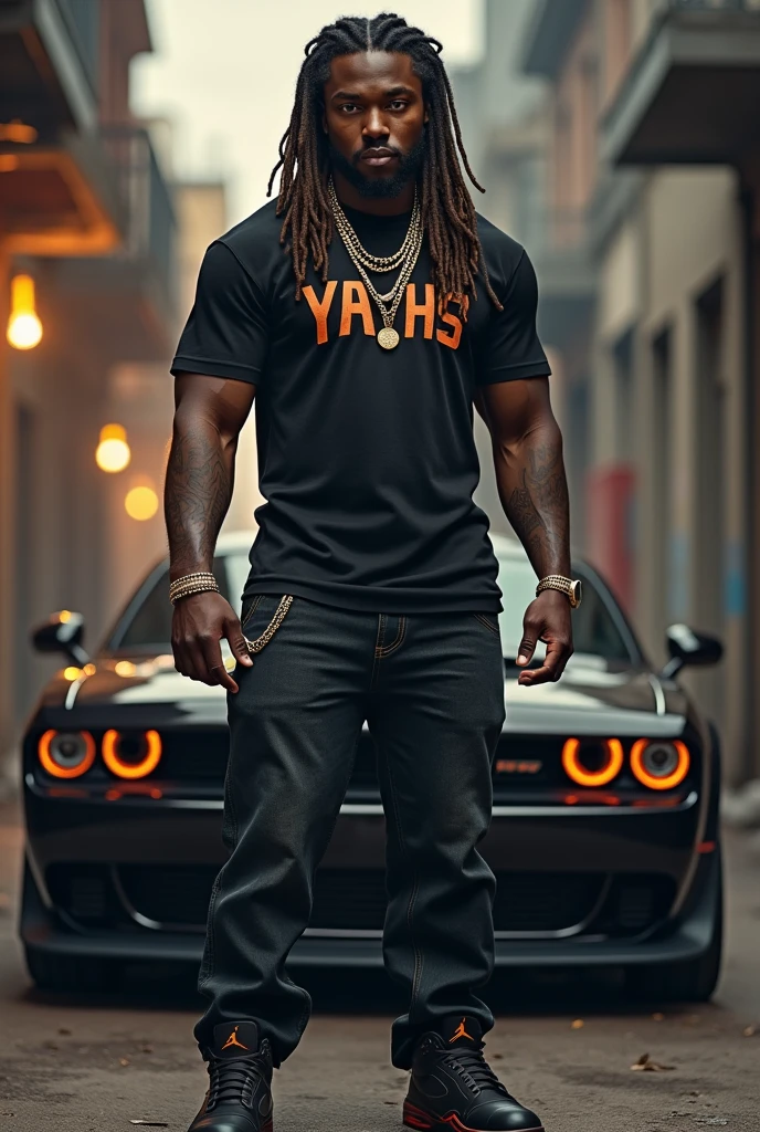 Boy with dreads strong chain that says yayhs and has jordan4s and has vlone and in a hellcat
