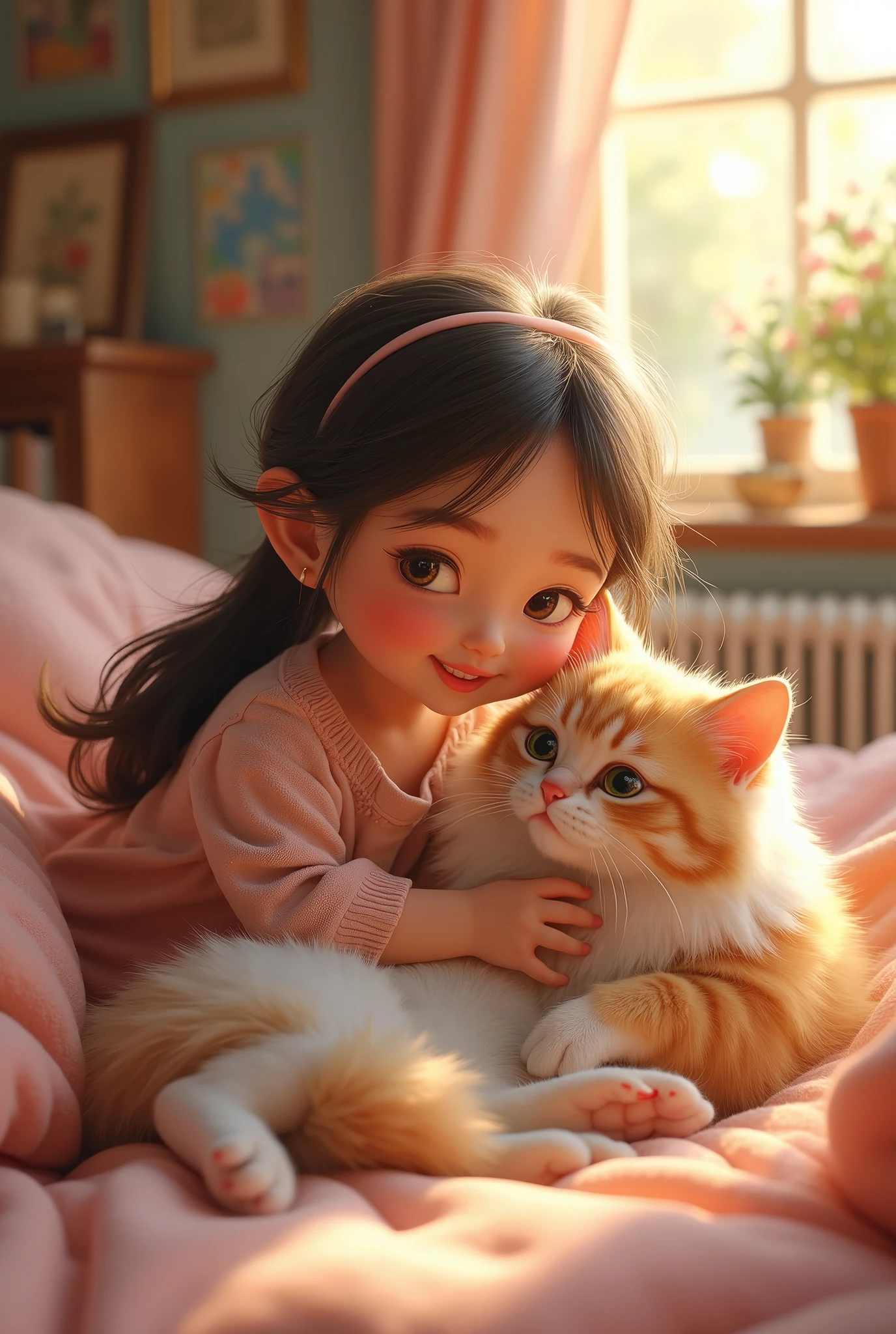 A 5 year old girl playing with a beautiful fluffy cat, happiness, happiness offers, Idyllic, magic scene, beautiful room , (Best Quality, 4k, 8k, High resolution, masterpiece:1.2), ultra detailed, (realist, photorealist, fotorrealista:1.37), warm lighting, vibrant colors, soft focus, Fairy tale, dreamer, cozy, adorable, beautiful, Capricious, elegant, charming, sereno, peaceful, innocent, comforter, Imaginative