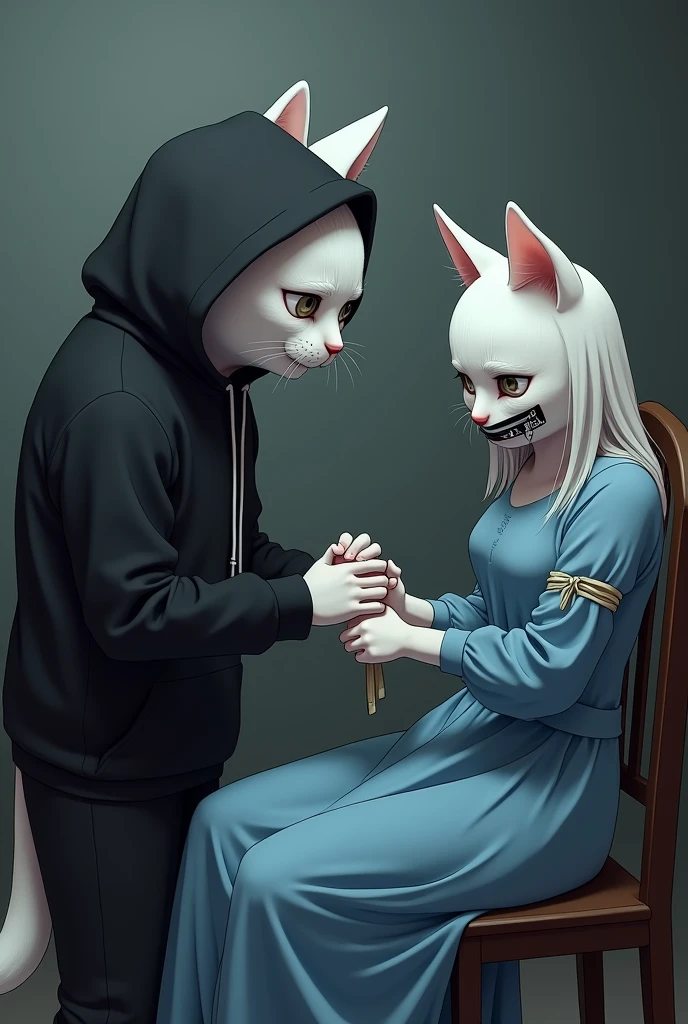tall white cat dressed in black hoodie unties hands of a tall beautiful white cat dressed in blue plain frock and tied on a chair with tape on mouth and tears in eyes