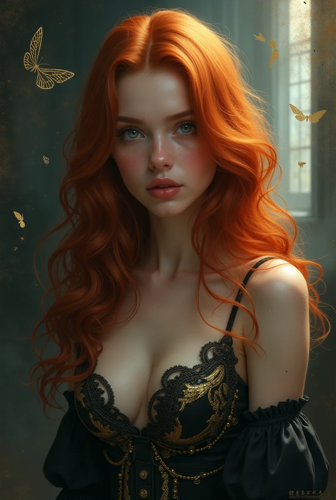 (solo, full body photo:1.3), (action packed:1.3), (haze, fog, mist:1.3), chiaroscuro, best quality, photorealistic, 1woman, (cute), (24yo:1.2), redhead, long ginger hair highly detailed, 1700'S, digital photography, art by artgerm and ruan jia and greg rutkowski surreal painting gold butterfly filigree, broken glass, (masterpiece, sidelighting, finely detailed Fashionable eyes: 1.2) (perfect oval large eyes that gazes at the viewer), beautiful detailed face, blue gorgeous perfect eyes, (blonde hair ponytail), (attractive young woman:1.3), (thick amazing hair), (seductive:1.1), (blushing:1.1)