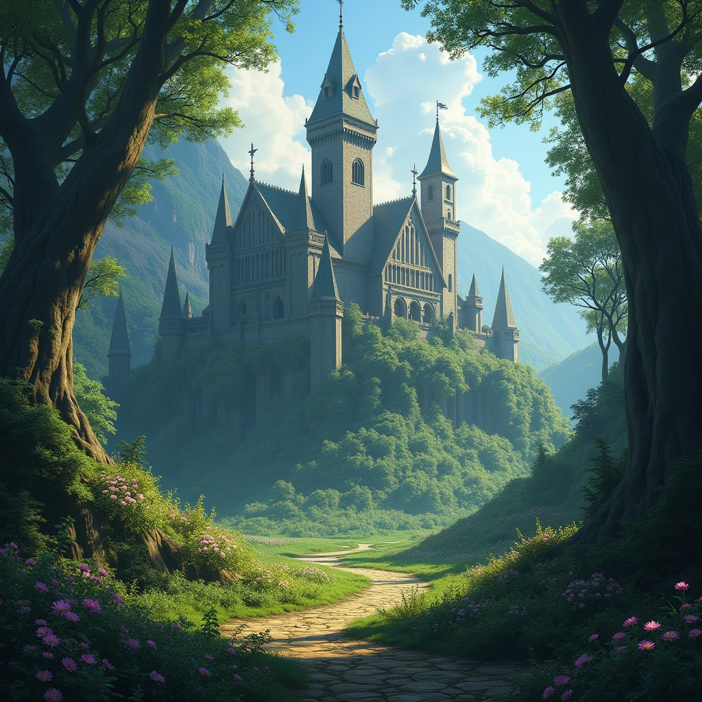Fantastic landscape of a fortress in the forest