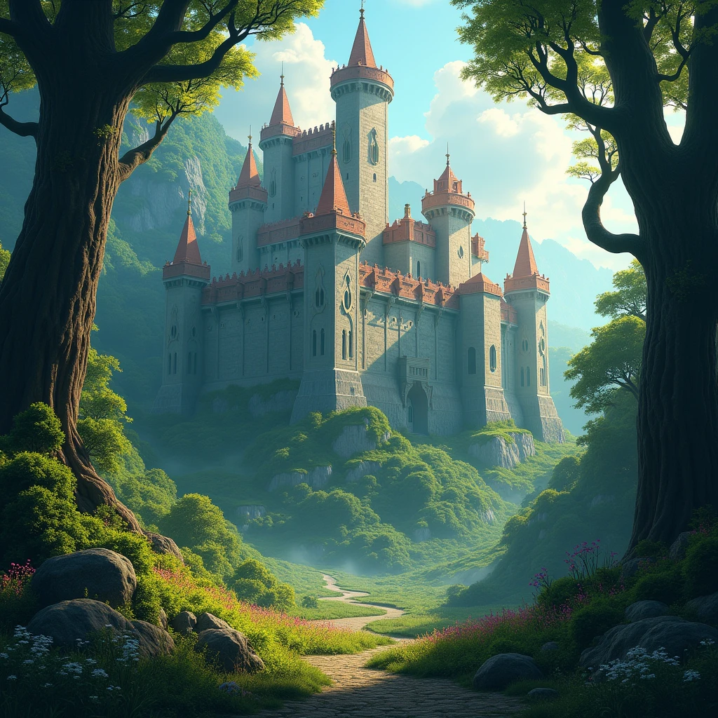Fantastic landscape of a fortress in the forest