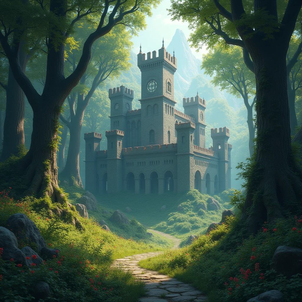 Fantastic landscape of a fortress in the forest