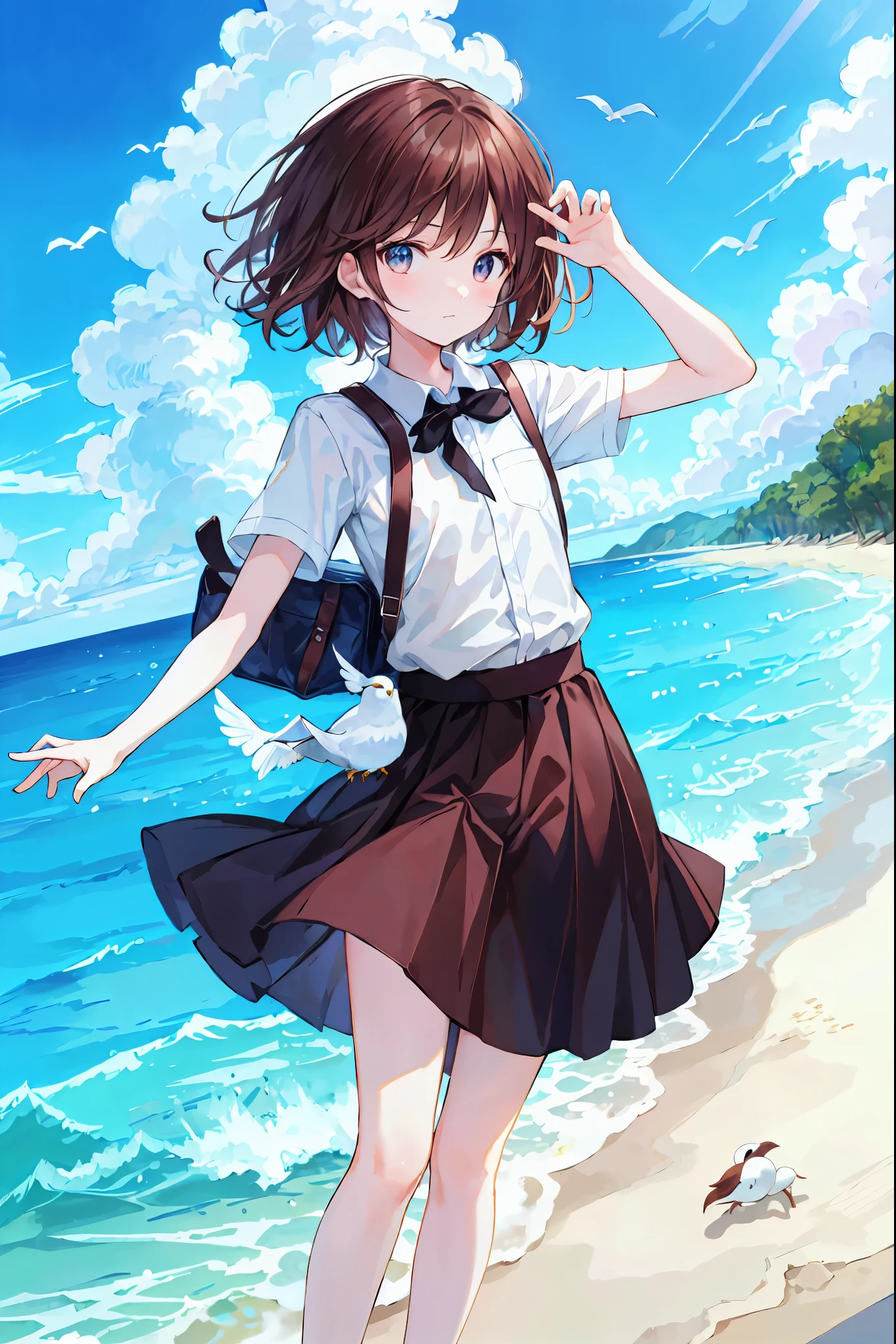 Highest quality, Detailed Background, ,Ocean, cafeteria, bird, Wave, early summer,Brown Hair，Shortcuts，Messy Hair，Slender beauty，Small chest，Beautiful feet