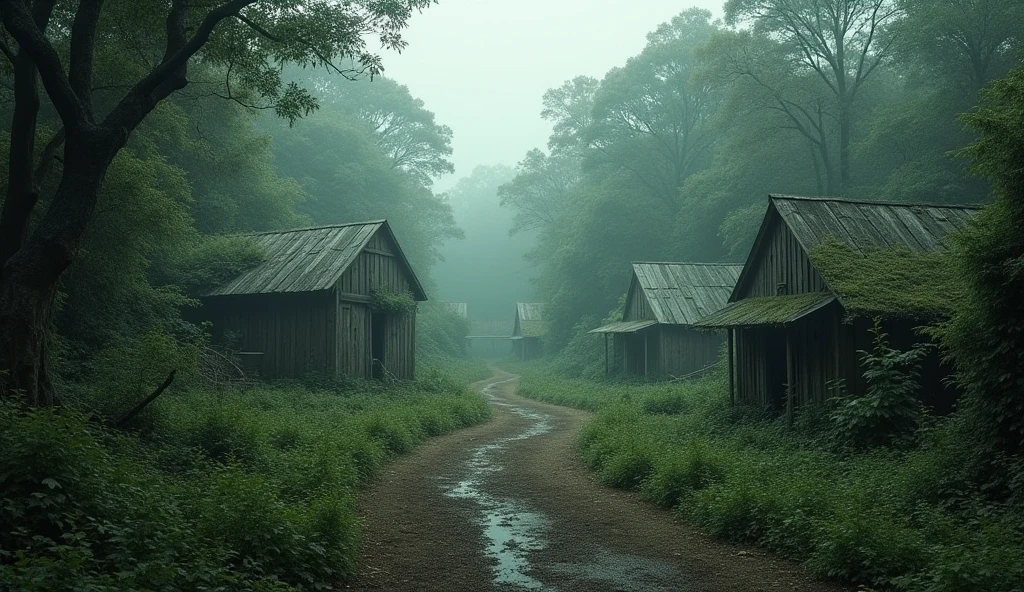 : A wide shot of the empty Roanoke settlement, with deserted, overgrown paths winding through the area, and an unsettling silence pervading the scene, with no signs of life anywhere.