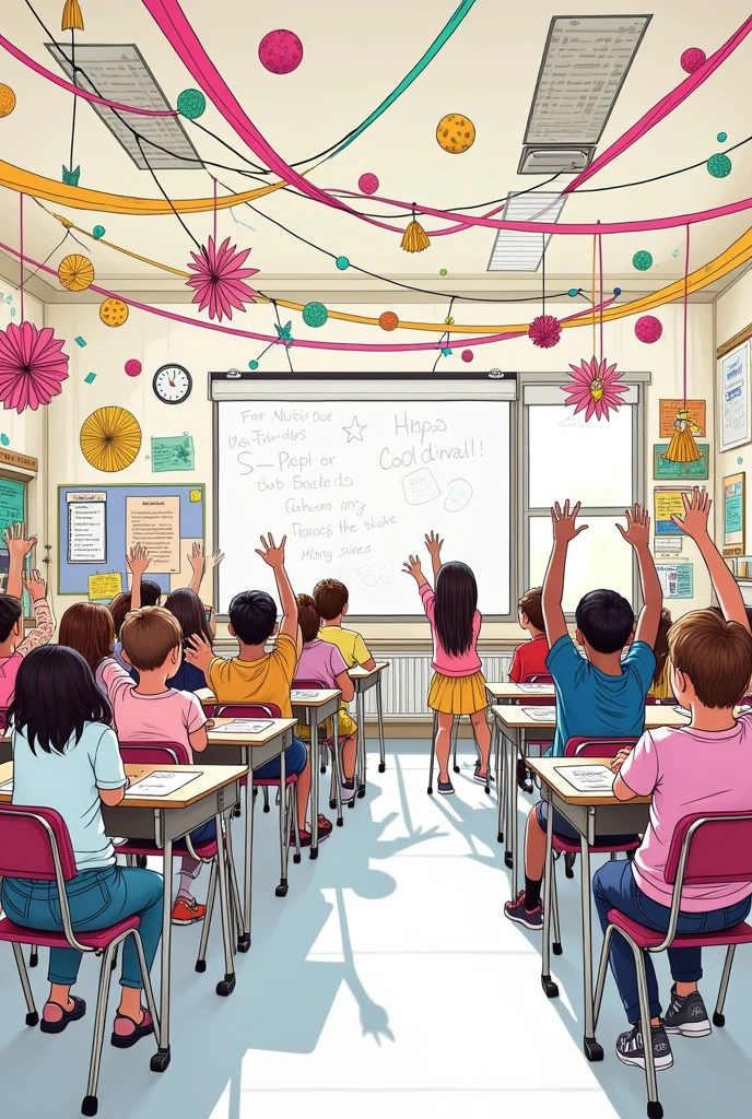 A classroom filled with decorations for a festival,lively,sketch,line art,no color, Using DIY,Affordable materials, beautiful decorations,no color,sketch,line art,no color