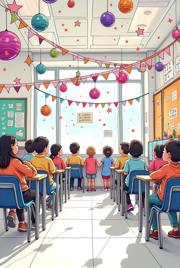 A classroom filled with decorations for a festival,lively,sketch,line art,no color, Using DIY,Affordable materials, beautiful decorations,no color,sketch,line art,no color