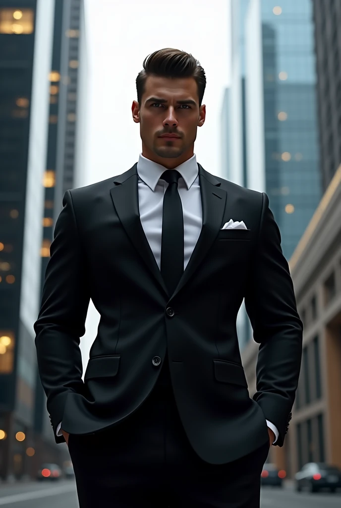 Muscular black suit with attractive face shape and eyes and hairstyle and a great muscular Jawline great buildings behind him and he was a multi billionaire person in the world