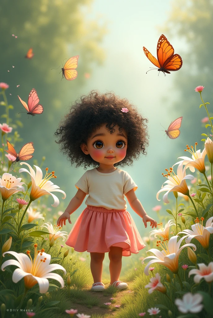 Please draw this picture for my story book. There was a girl who name was lily. (Lily (the old should be very dark and curly curly short hair, wearing white t.shirt and a pink skirt. She is in a garden with lots of little lily flower and butterflies
