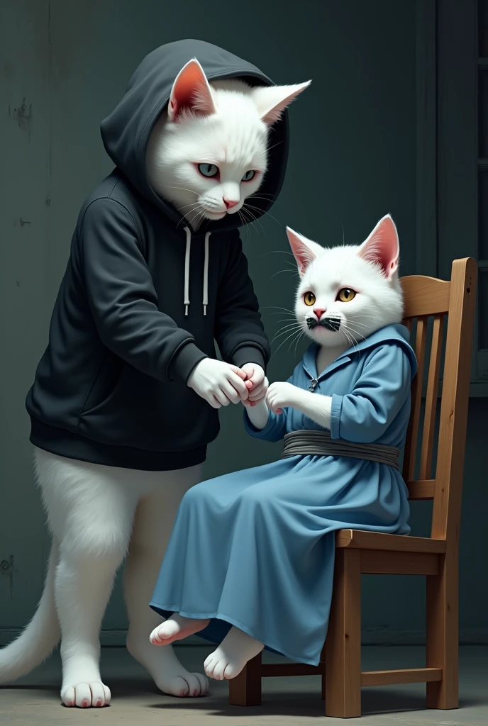 tall white cat dressed in black hoodie unties hands of a tall  beautiful white cat dressed in blue plain frock and tied on a chair with tape on mouth and tears in eyes