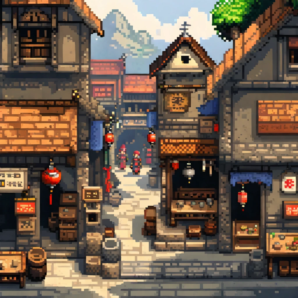 Pixel艺术, Pixel艺术场景:A bustling medieval village, Lively stalls, Vivid characters, Realistic textures, 关注每个Pixel的细节, Reminiscent of 16-bit RPG games, Shot with Nikon D3, Focal length 35mm HD 2D Pixel艺术 :: Pixel风格 :: Pixel