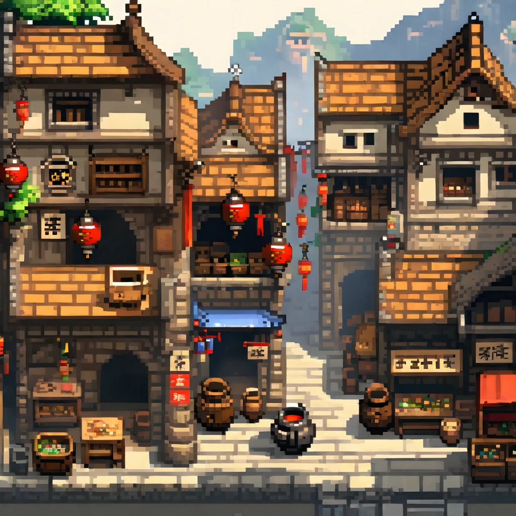 Pixel艺术, Pixel艺术场景:A bustling medieval village, Lively stalls, Vivid characters, Realistic textures, 关注每个Pixel的细节, Reminiscent of 16-bit RPG games, Shot with Nikon D3, Focal length 35mm HD 2D Pixel艺术 :: Pixel风格 :: Pixel