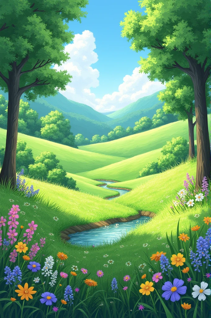 give me mind peaceful photo when i see that has colourful flowers,trees,grass and fill what you want