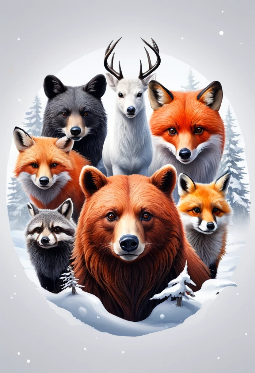 ((Highest quality)), ((masterpiece)), (detailed), Simple Background、Pure white background、Five animals are gathered in the center、One is a black brown bear、One is a male deer.、Each one is a red fox、One is a raccoon、One is a cow、One is a horse、wide angle perspective、Front view、Perfect Animal、winter