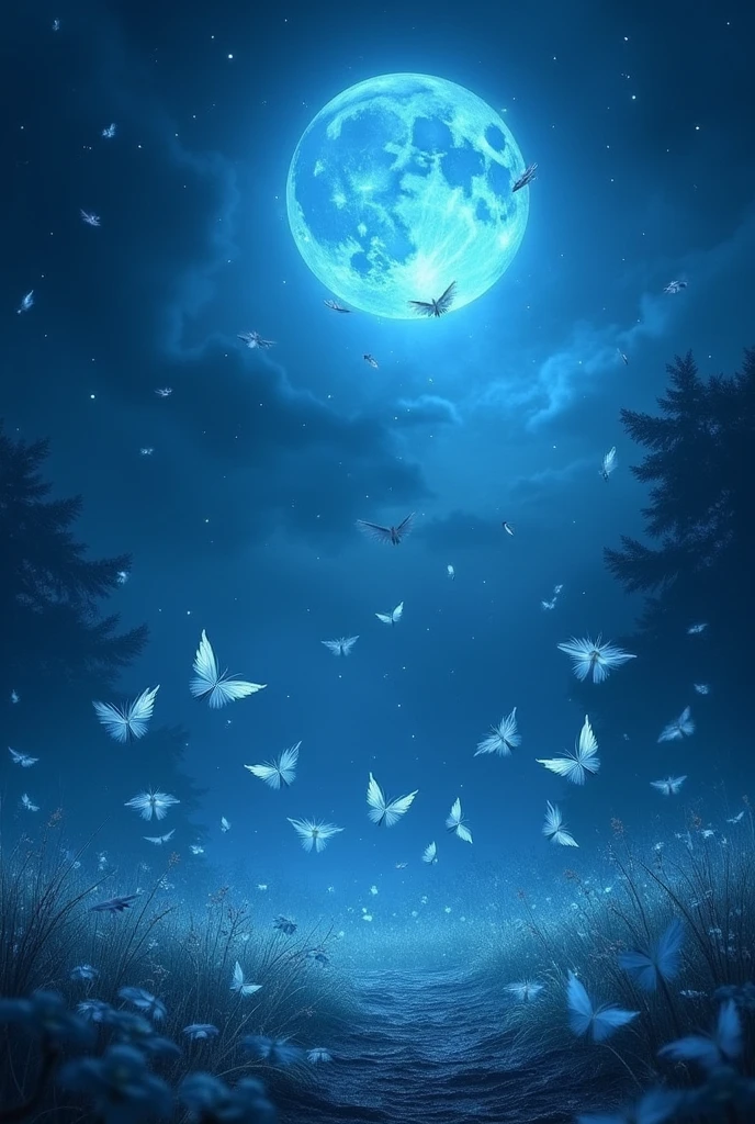 Mysterious and fantastical scenery at night。The blue moon shines high in the sky、Countless white feathers fluttering in the sparkling light