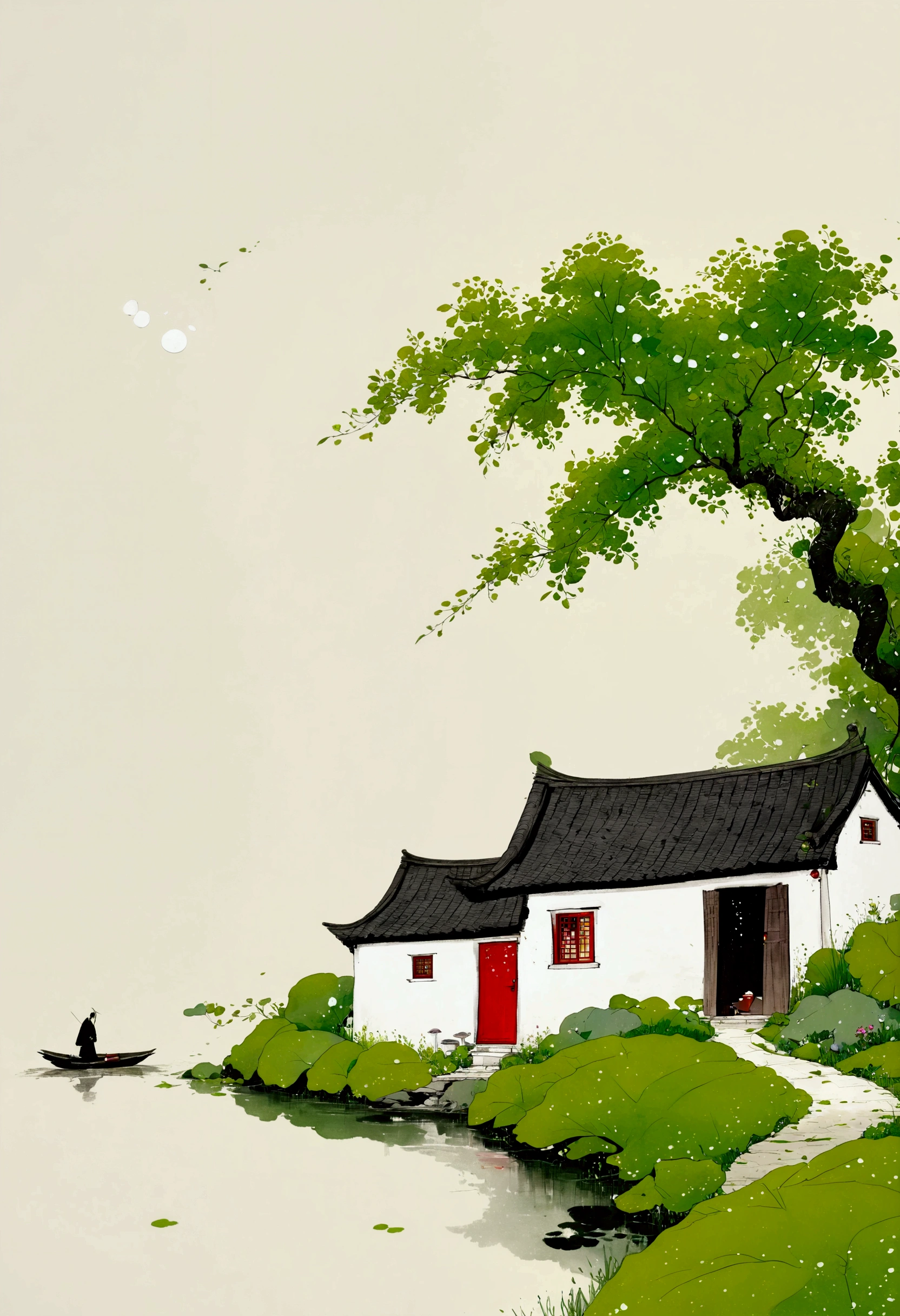 Sky占比2/3.Chinese Ink Painting Sketch：Peaceful and Freehand，artistic conception:2.Dot，A thatched cottage on a winding path，Flock，Minimalism，White background。(((Negative Space:2,Large area of blank:2, Bottom left corner composition)))。niji6 style