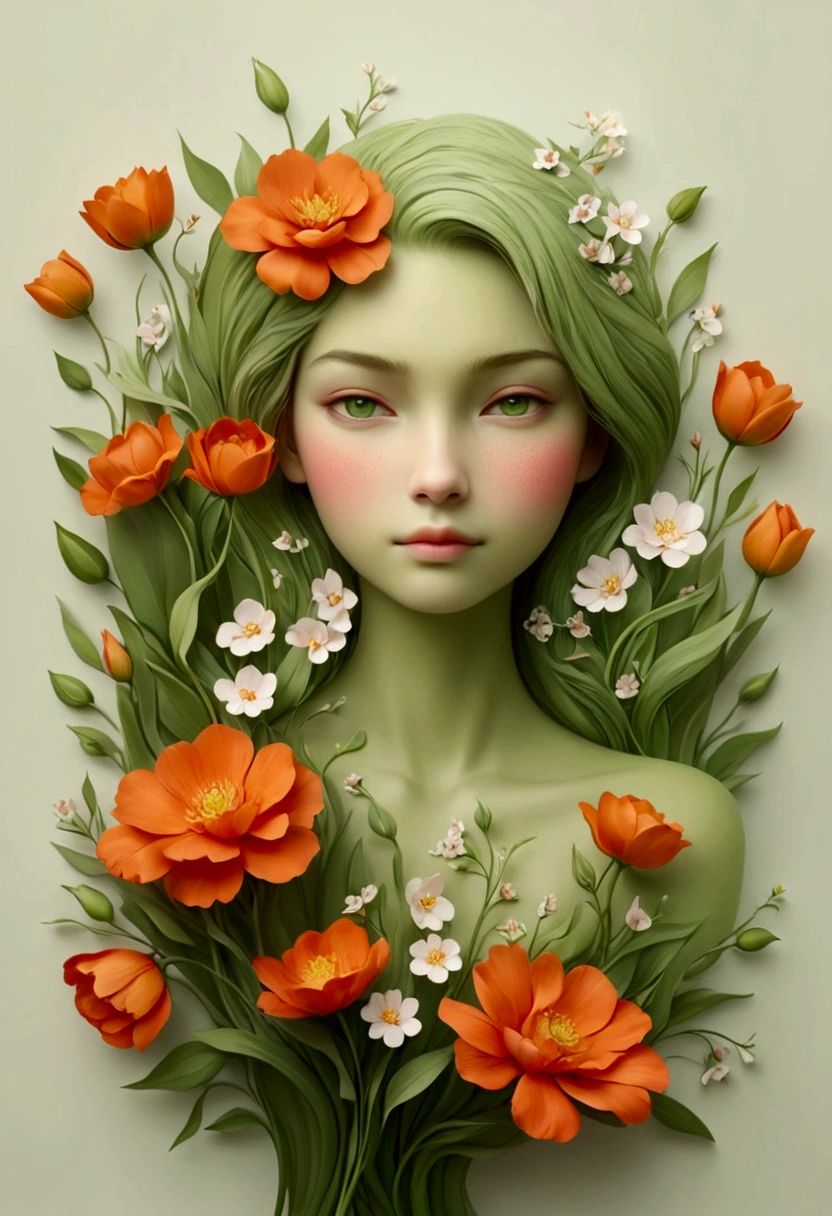 Victor Nai&#39;s style, beautiful details，simple，modern，advanced，cute，Color blocking，flowers，Orange，light green，grid，line，illustration，vigor，pixar，