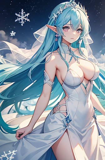Anime, woman, long hair, pale blue hair, pink eyes, gently, earrings, big boob, wearing a wedding dress, beautiful, elegant, pure, fantasy, ice, snowflake, snow land, cool, noble, elf, stay in thorn room, smiled,