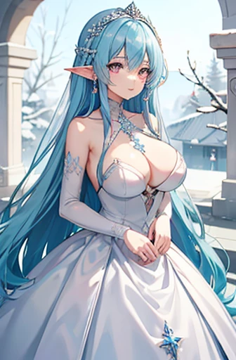 Anime, woman, long hair, pale blue hair, pink eyes, gently, earrings, big boob, wearing a wedding dress, beautiful, elegant, pure, fantasy, ice, snowflake, snow land, cool, noble, elf, stay in thorn room, smiled,